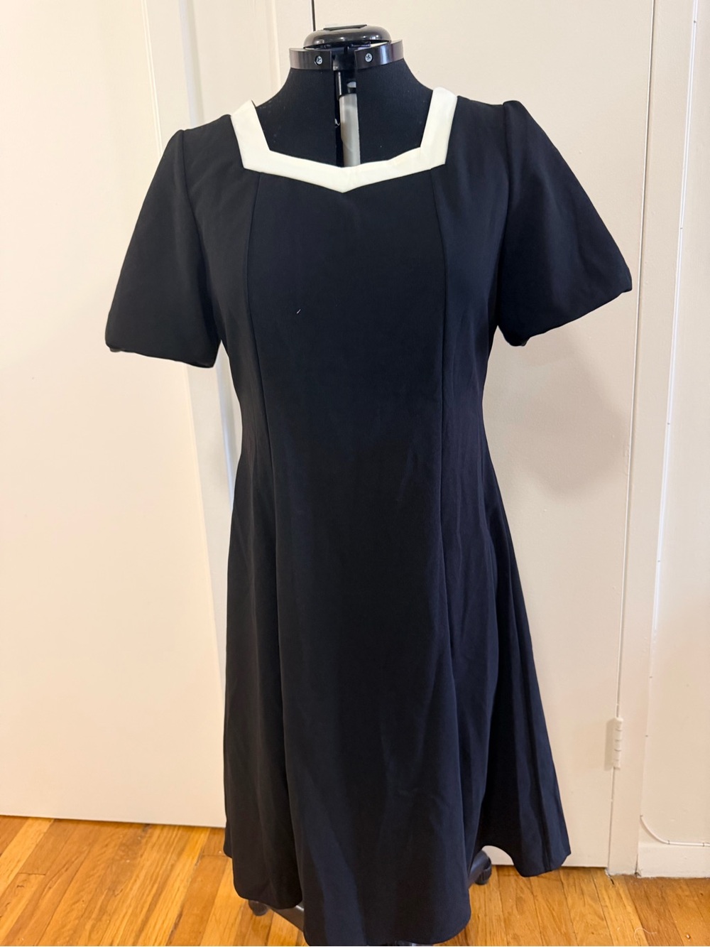 Black Midi Dress with Cream Square Neck with Bubble Sleeves